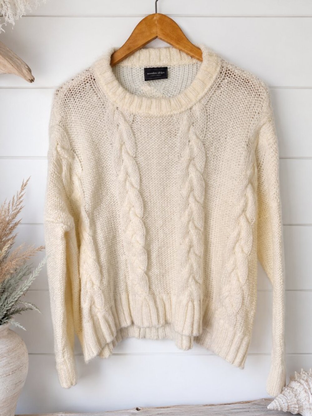 Wooden Ships Cropped Cable Sweater Pullover White Cream Mohair Wool Small Medium